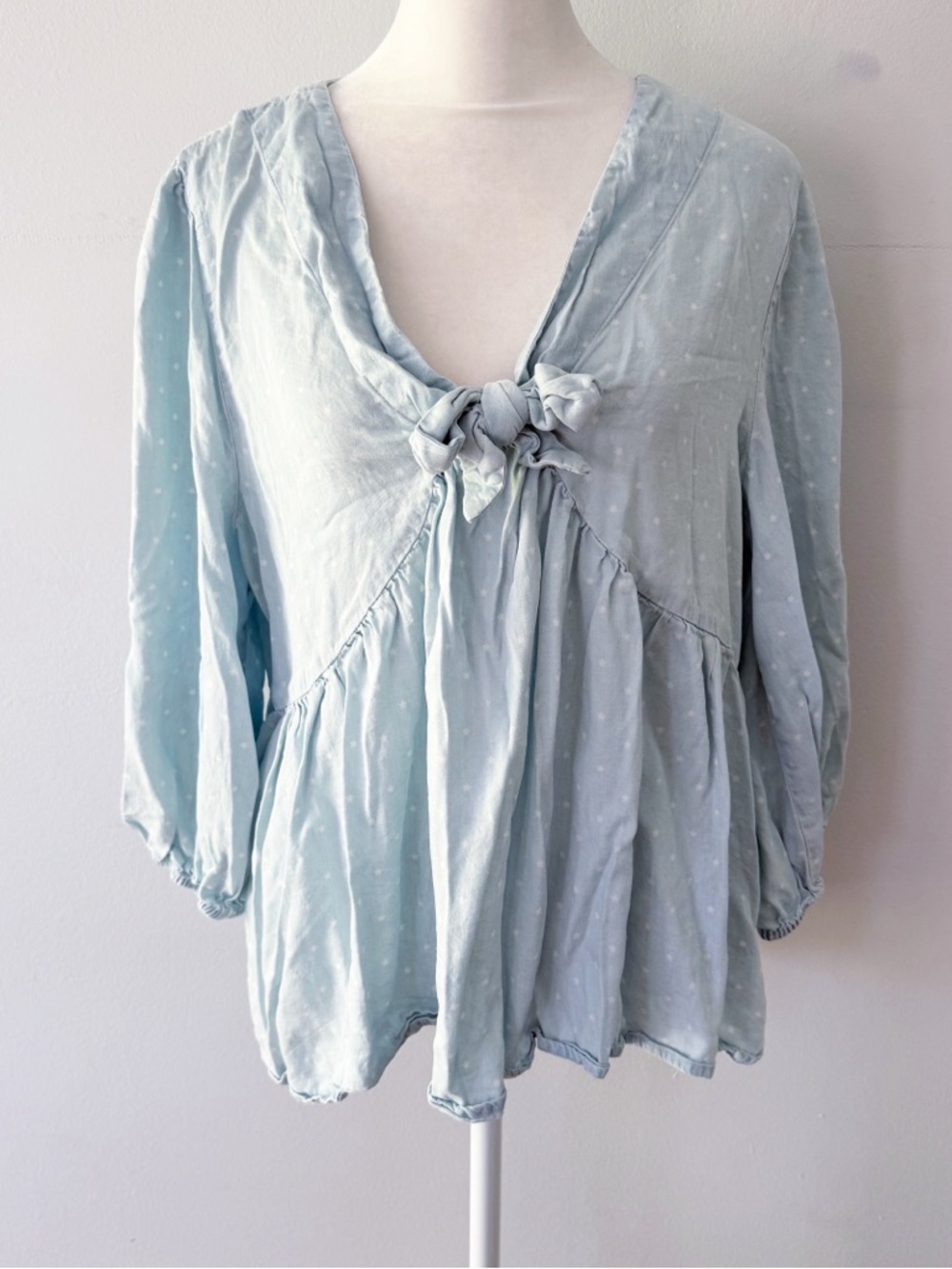Cato Women Chambray Star Print Balloon Sleeve Top Large Celestial Boho Casual